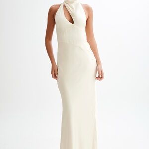 Meshki Cream Backless Halter Dress